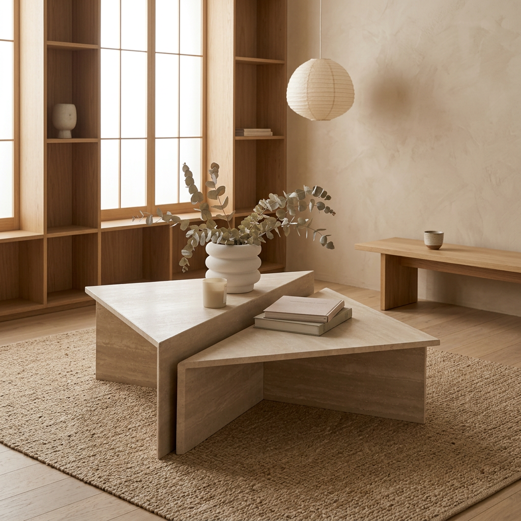 Détail travertin naturel — Table basse japandi Kishi | Maison Japandi