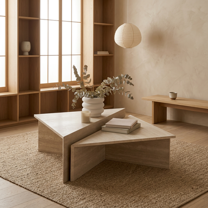 Détail travertin naturel — Table basse japandi Kishi | Maison Japandi