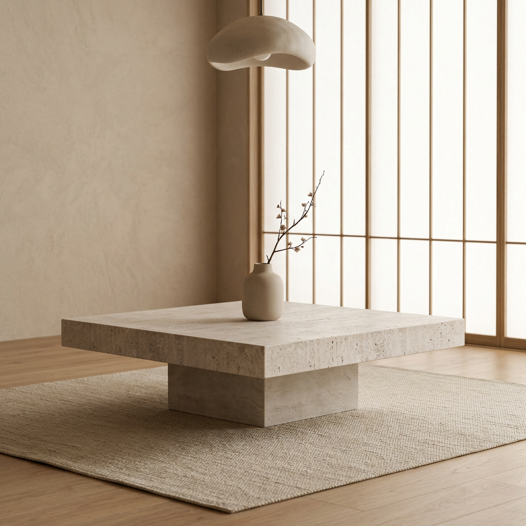 Détail travertin naturel — Table basse japandi Ishi | Maison Japandi