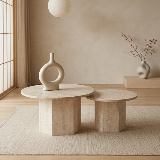 Table japandi Duo en travertin — Maison Japandi