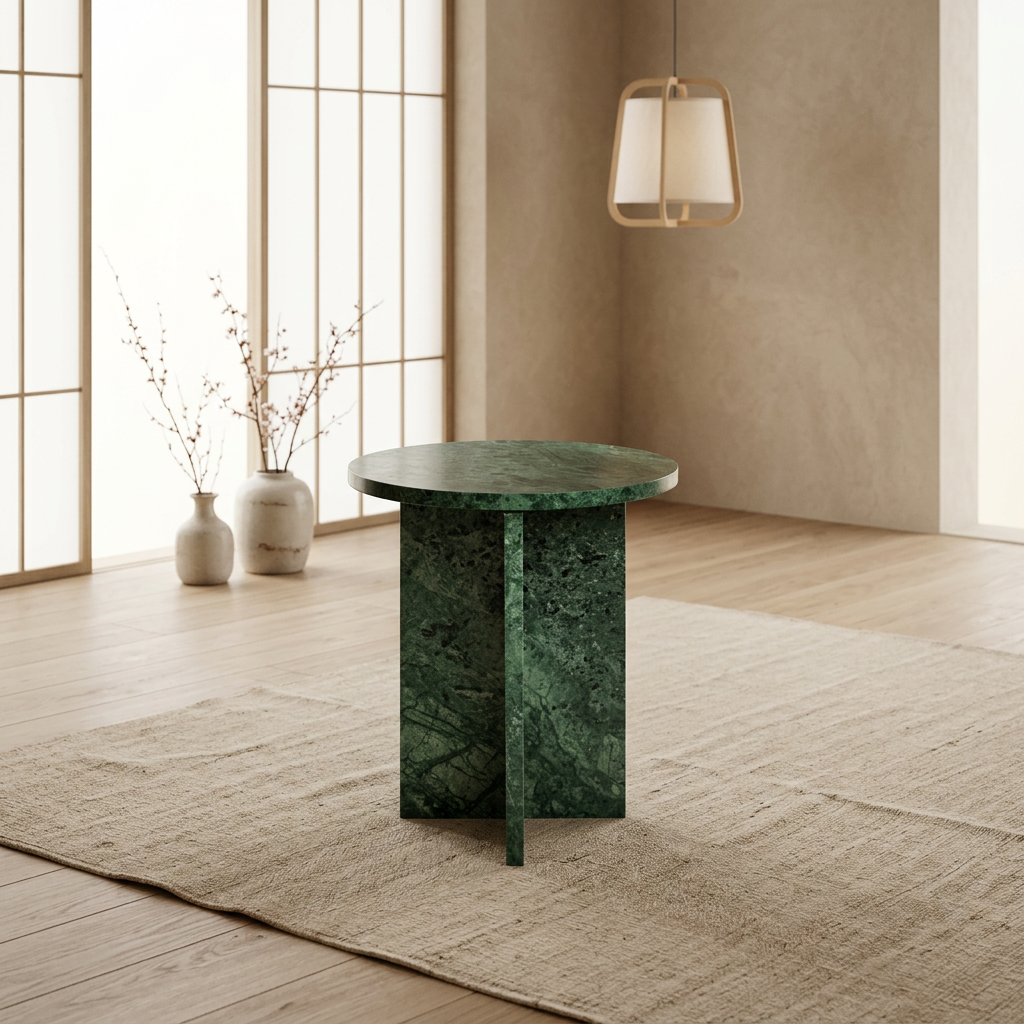 Vue de profil table d'appoint japandi Koe en marbre wabi-sabi | Maison Japandi