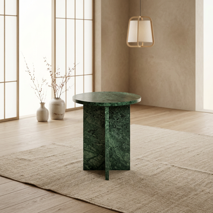 Vue de profil table d'appoint japandi Koe en marbre wabi-sabi | Maison Japandi
