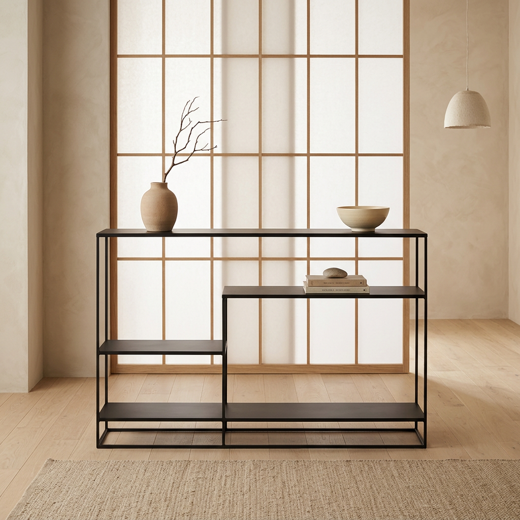 Vue de profil console japandi Métal en pierre naturelle wabi-sabi | Maison Japandi