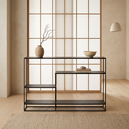 Vue de profil console japandi Métal en pierre naturelle wabi-sabi | Maison Japandi