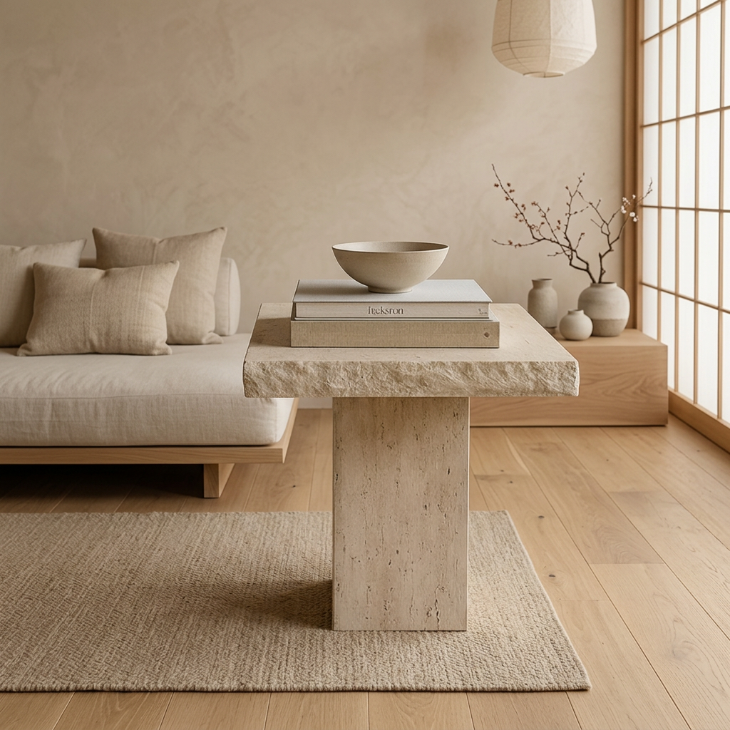 Table japandi en travertin — Maison Japandi