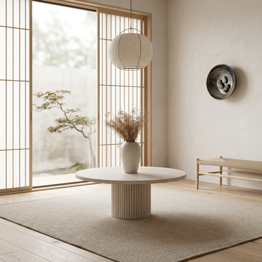 Table basse japandi Maru dans un intérieur japandi — Travertin | Maison Japandi