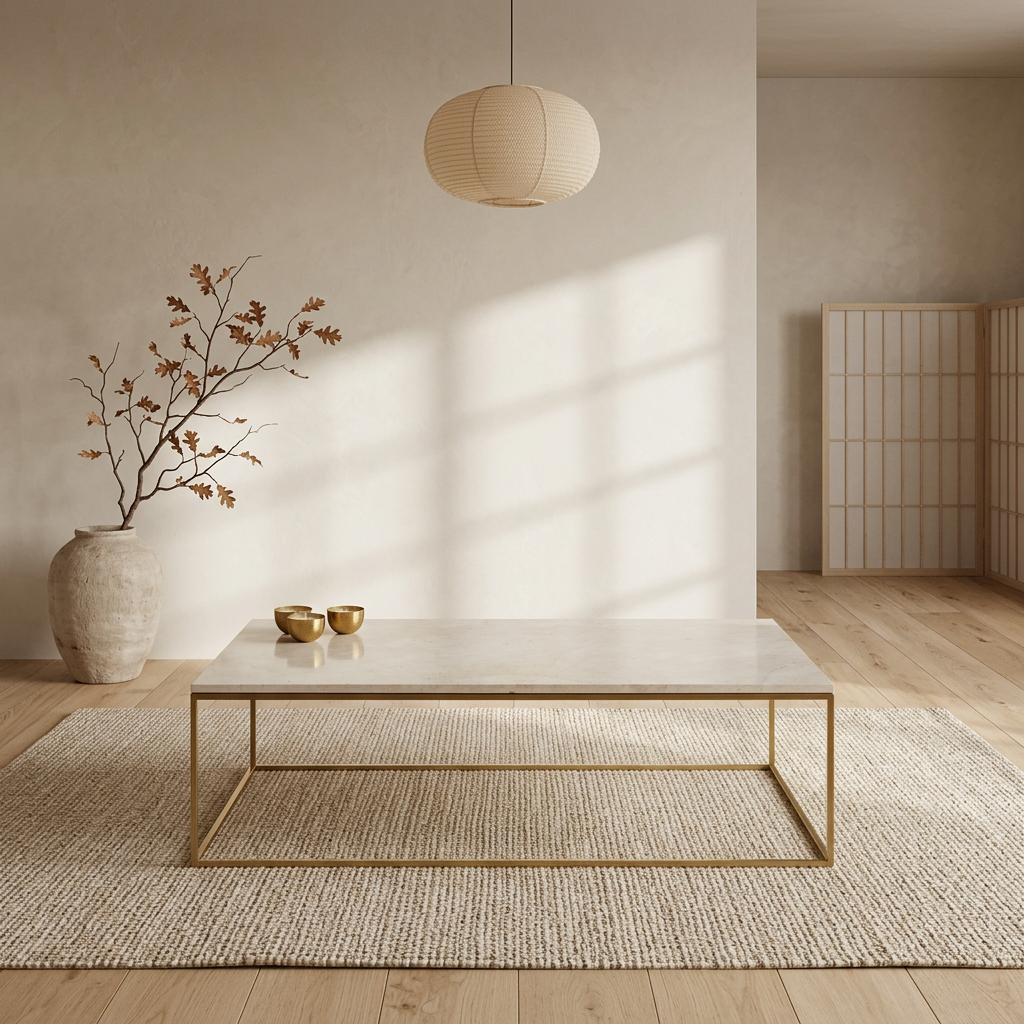Table basse japandi Rindo dans un intérieur japandi — Marbre | Maison Japandi