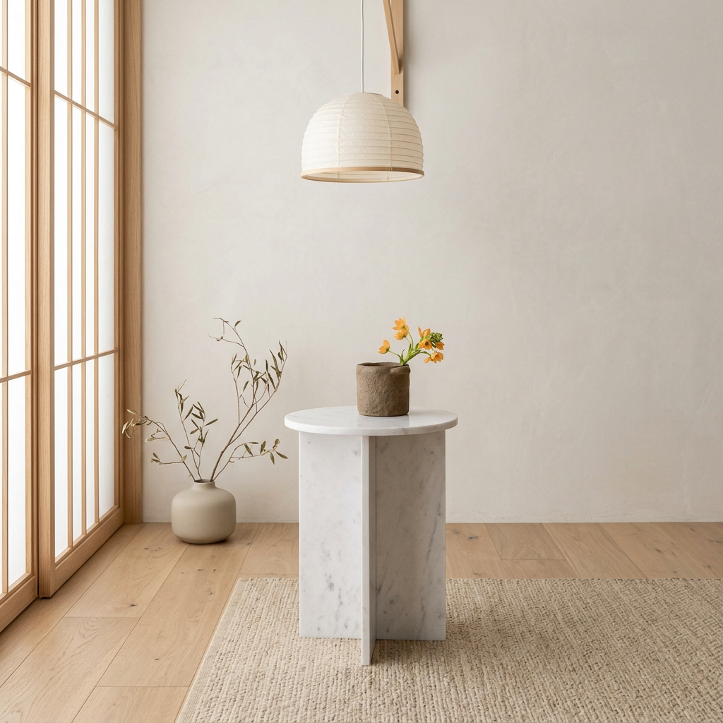 Détail marbre blanc naturel — Table de chevet japandi Tables | Maison Japandi