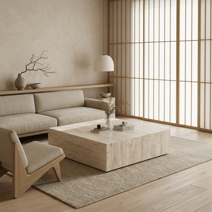 Table basse japandi Yami en travertin — Maison Japandi