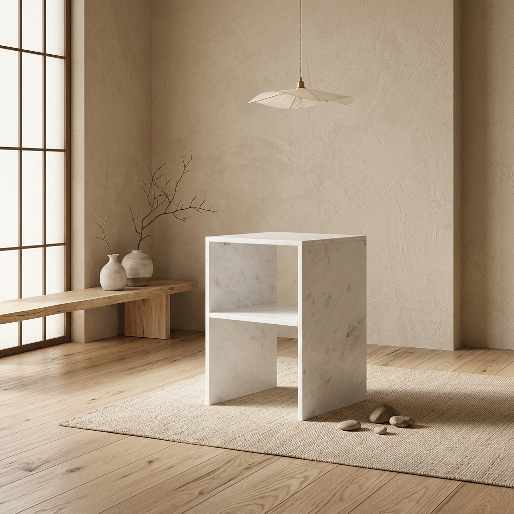 Table de chevet japandi Tables dans un intérieur japandi — Marbre blanc | Maison Japandi