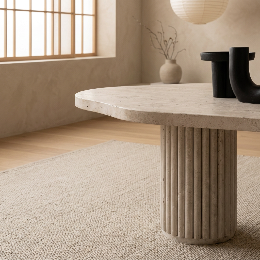 Table basse japandi Kaze dans un intérieur japandi — Travertin | Maison Japandi
