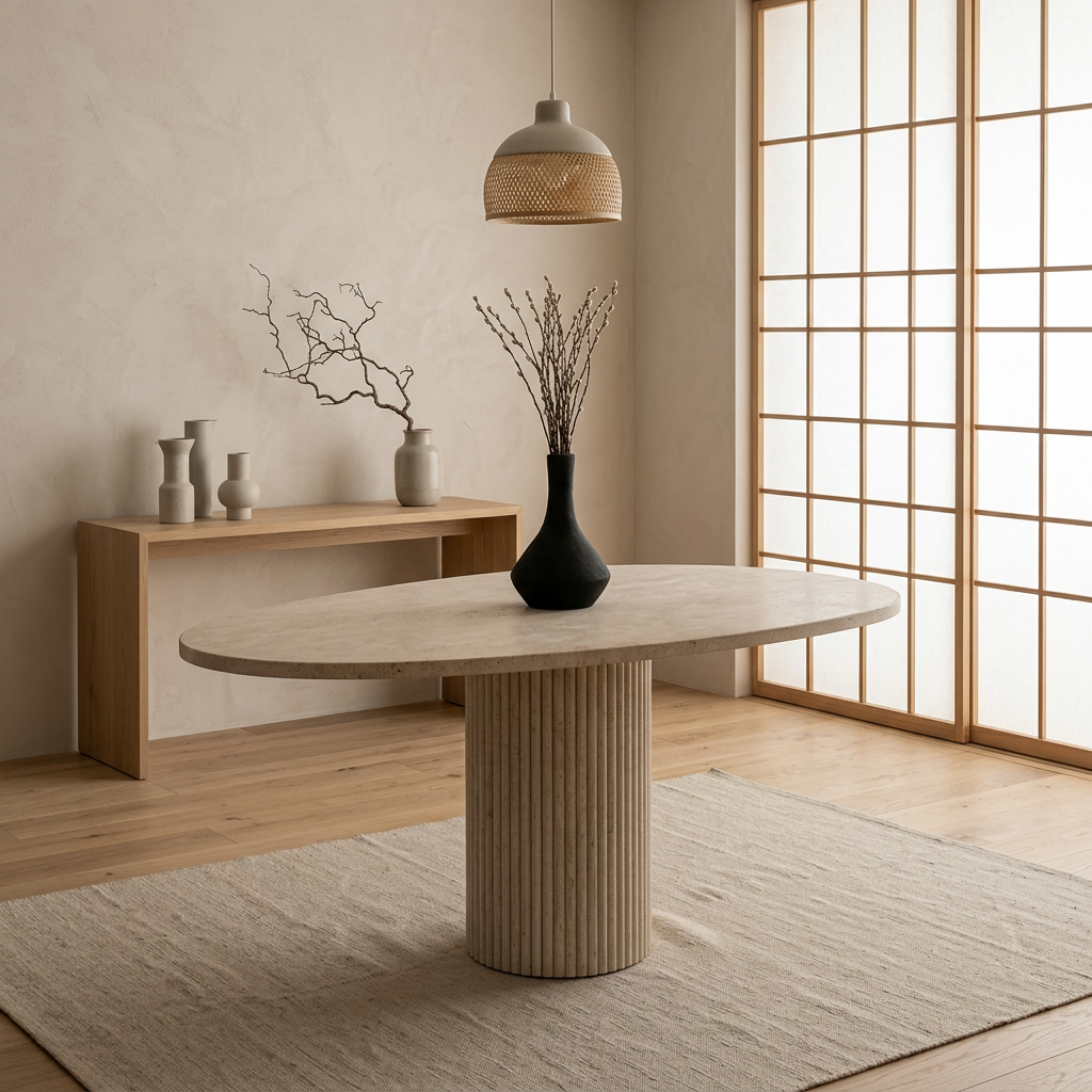 Table à manger japandi Seki dans un intérieur japandi — Travertin | Maison Japandi
