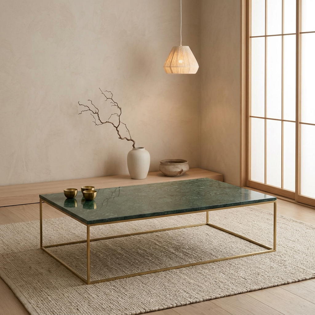 Vue de profil table basse japandi Rindo en marbre wabi-sabi | Maison Japandi