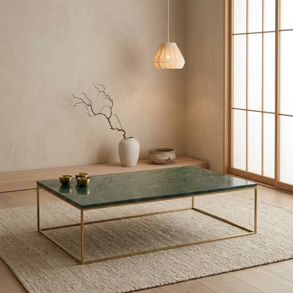 Vue de profil table basse japandi Rindo en marbre wabi-sabi | Maison Japandi