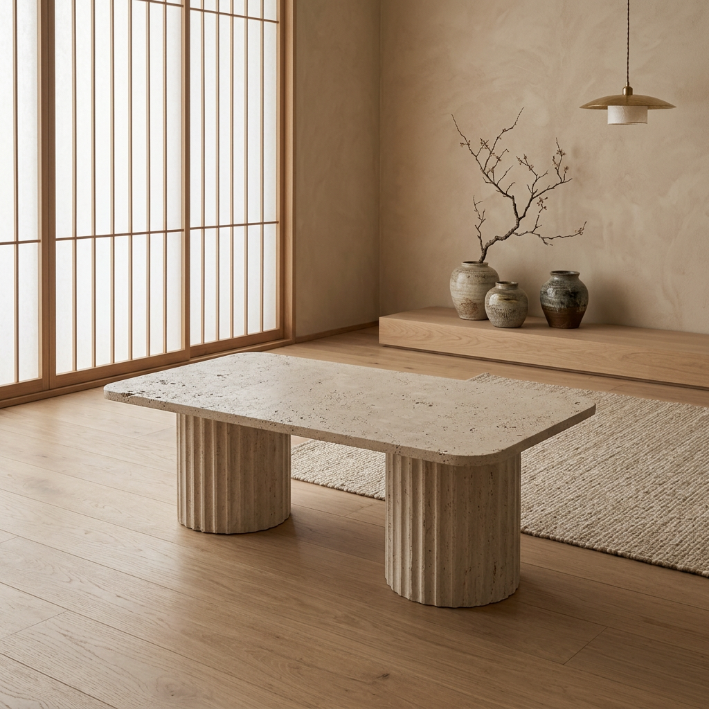 Vue de profil table basse japandi Tai en travertin wabi-sabi | Maison Japandi