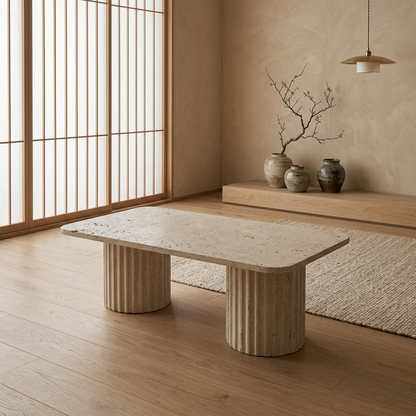 Vue de profil table basse japandi Tai en travertin wabi-sabi | Maison Japandi