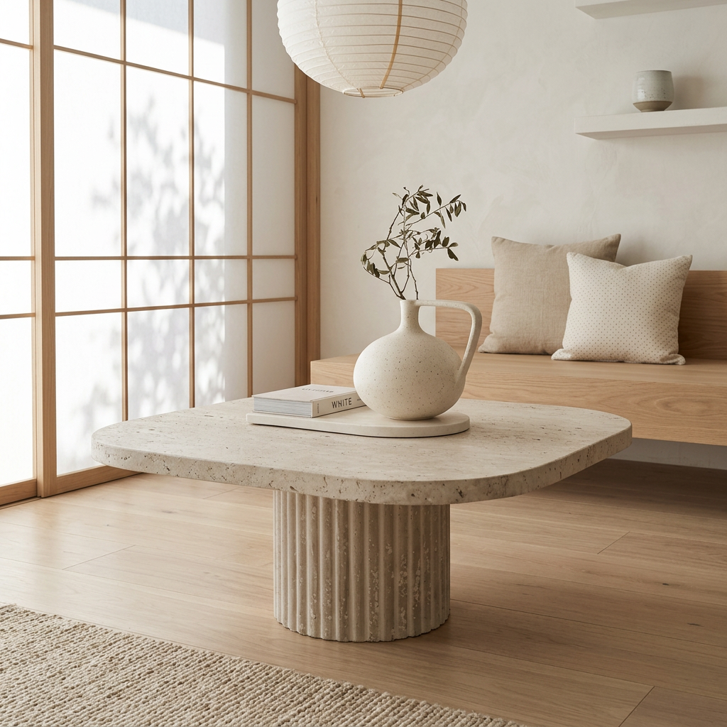 Table basse japandi Shiro dans un intérieur japandi — Travertin | Maison Japandi