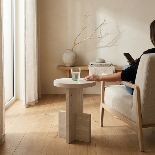 Table japandi en travertin — Maison Japandi
