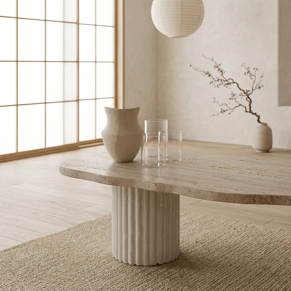Vue de profil table basse japandi Hagi en travertin wabi-sabi | Maison Japandi