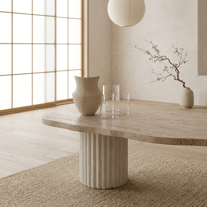 Vue de profil table basse japandi Hagi en travertin wabi-sabi | Maison Japandi