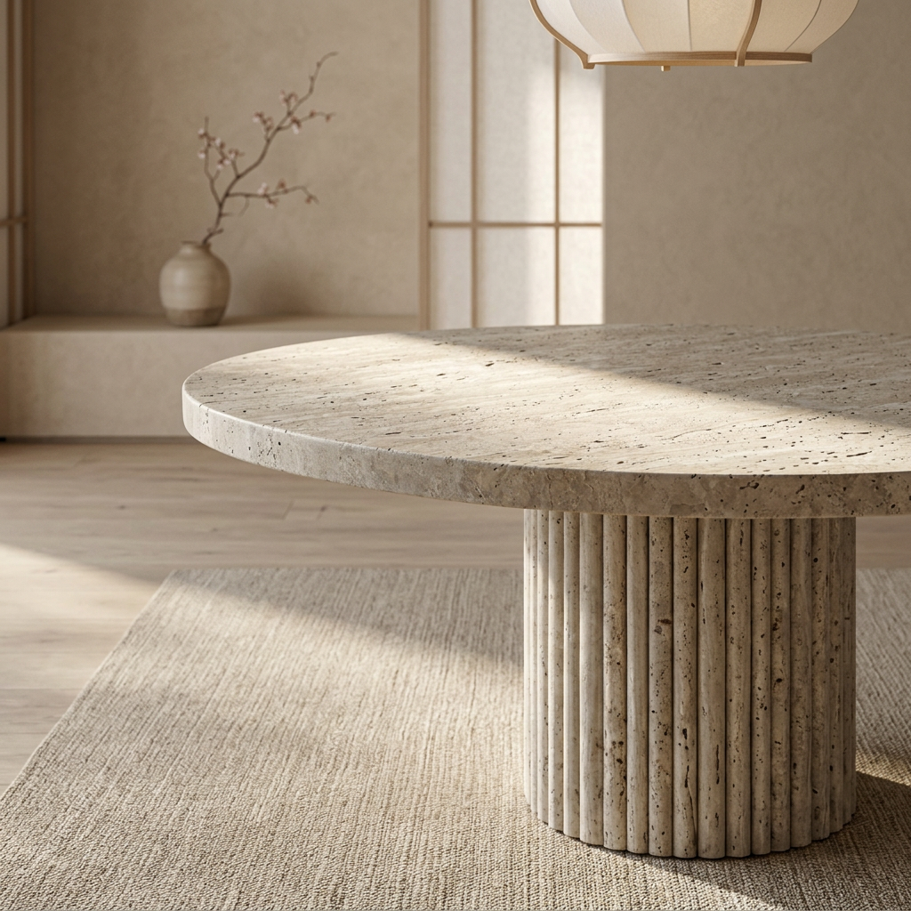 Plateau travertin — table basse japandi Maru artisanal | Maison Japandi