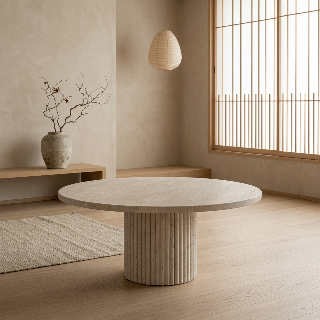 Vue de profil table basse japandi Maru en travertin wabi-sabi | Maison Japandi