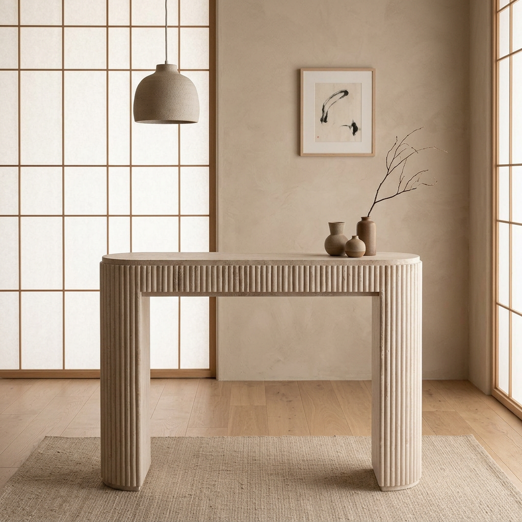 Console japandi Strié en travertin — Maison Japandi