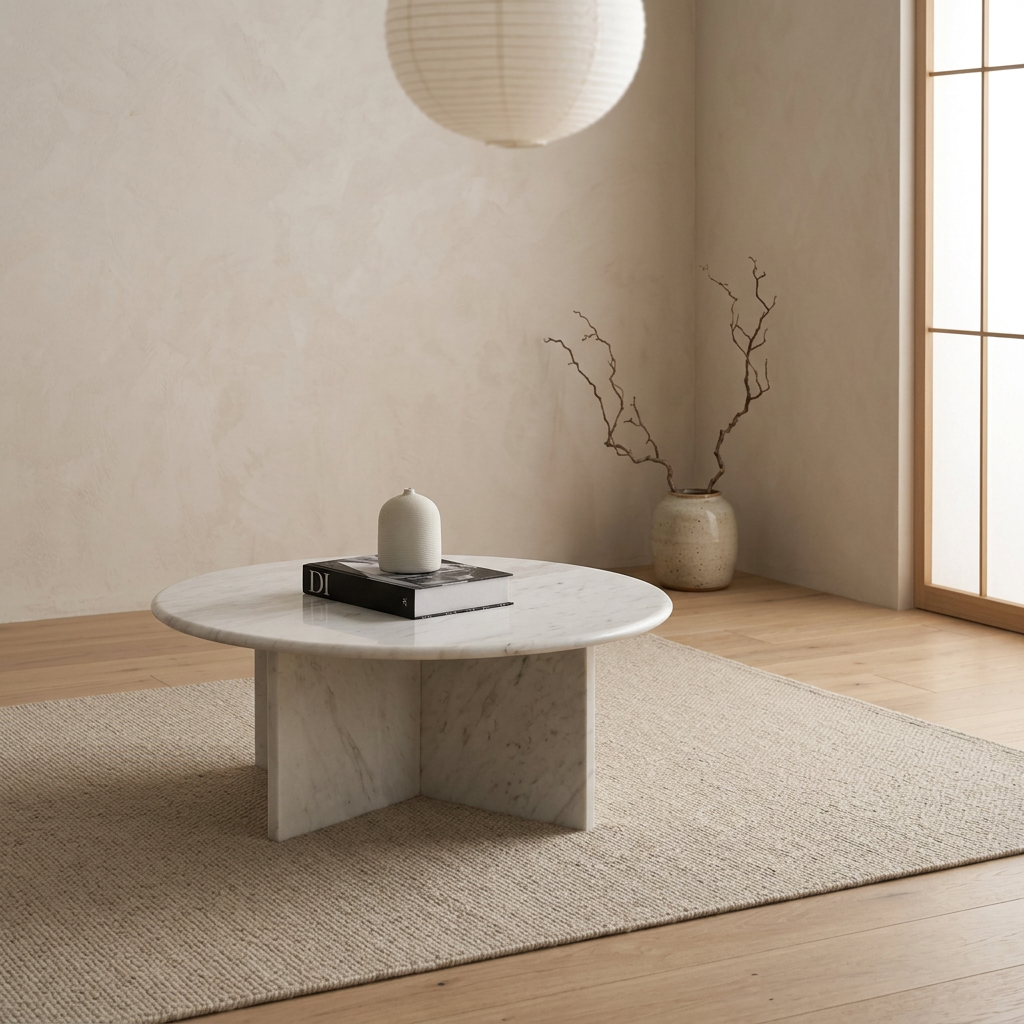 Vue de profil table basse japandi Sten en marbre blanc wabi-sabi | Maison Japandi