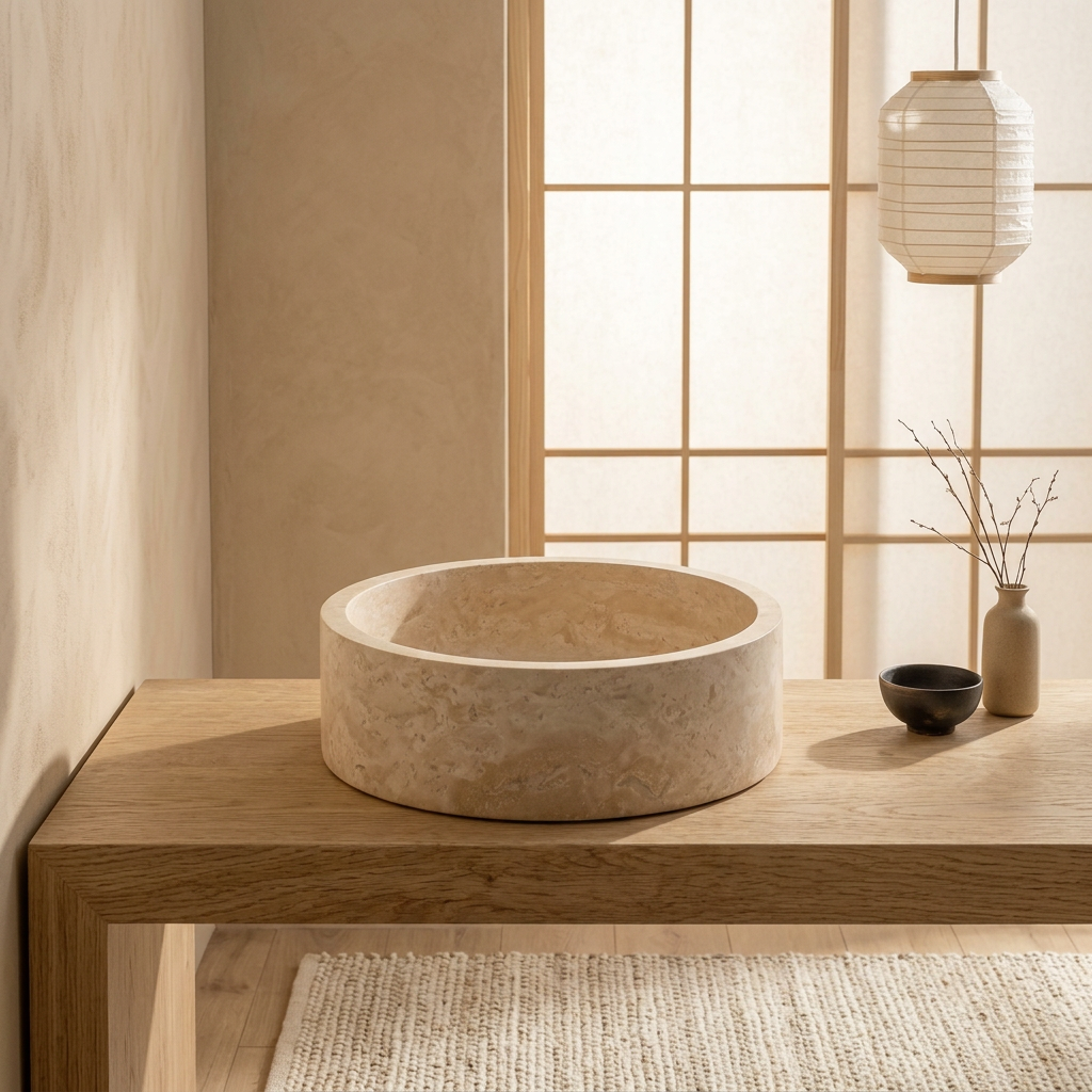 Détail travertin naturel — Vasque japandi | Maison Japandi