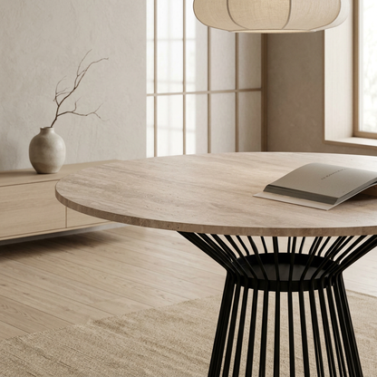Vue de profil table à manger japandi en travertin wabi-sabi | Maison Japandi