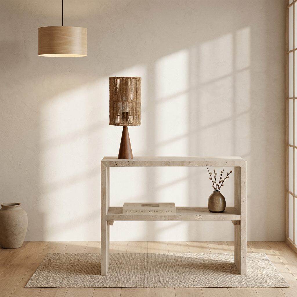 Détail travertin naturel — Table de chevet japandi Myr | Maison Japandi