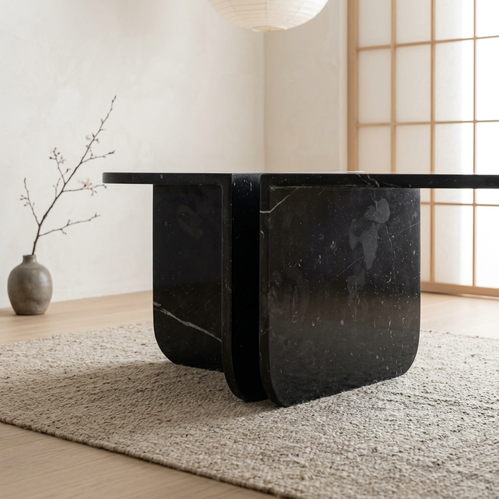 Vue de profil table basse japandi Kage en marbre noir wabi-sabi | Maison Japandi