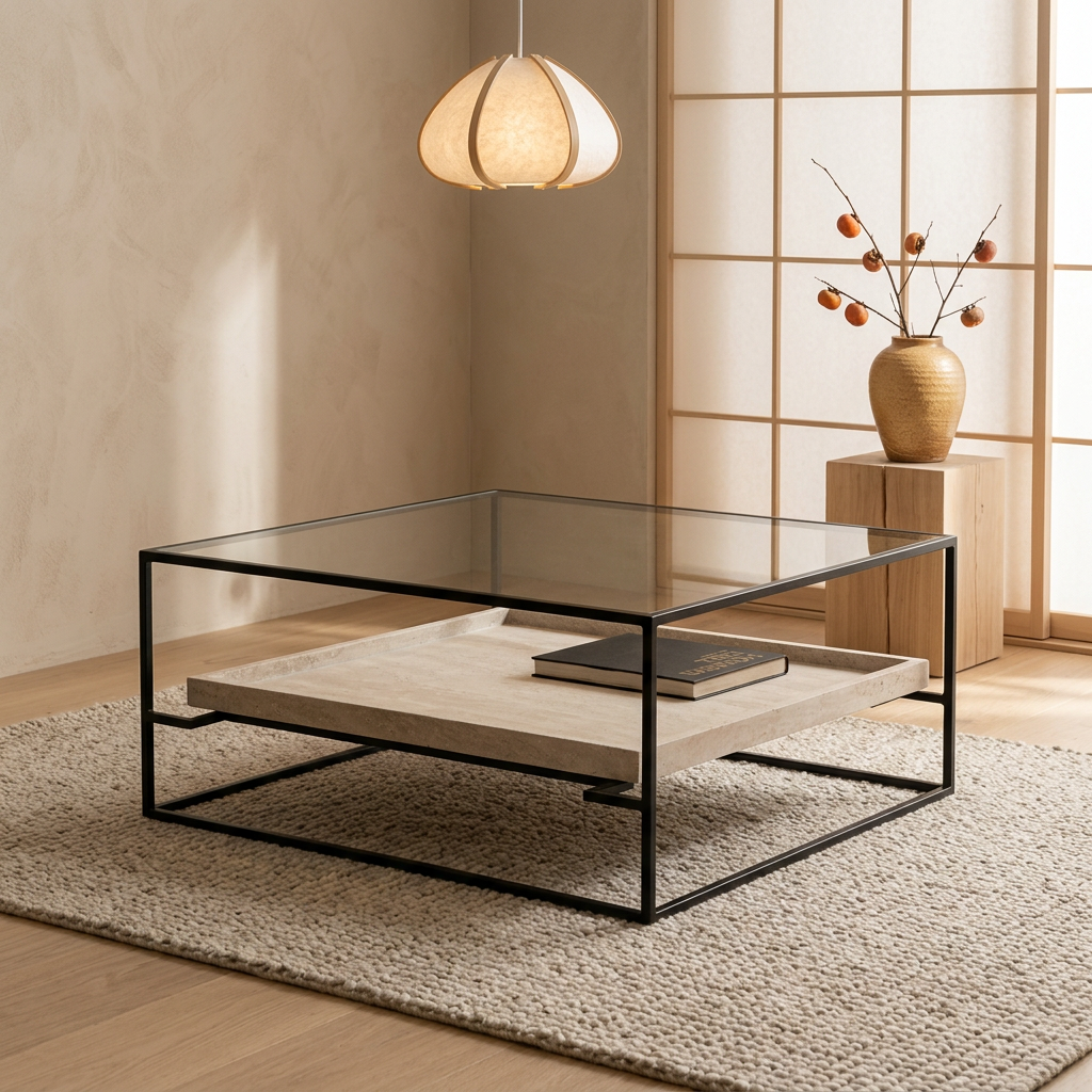 Vue de profil table basse japandi Carrée en pierre naturelle wabi-sabi | Maison Japandi