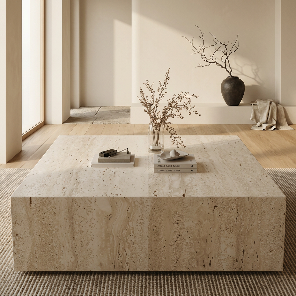 Détail travertin naturel — Table basse japandi Yami | Maison Japandi