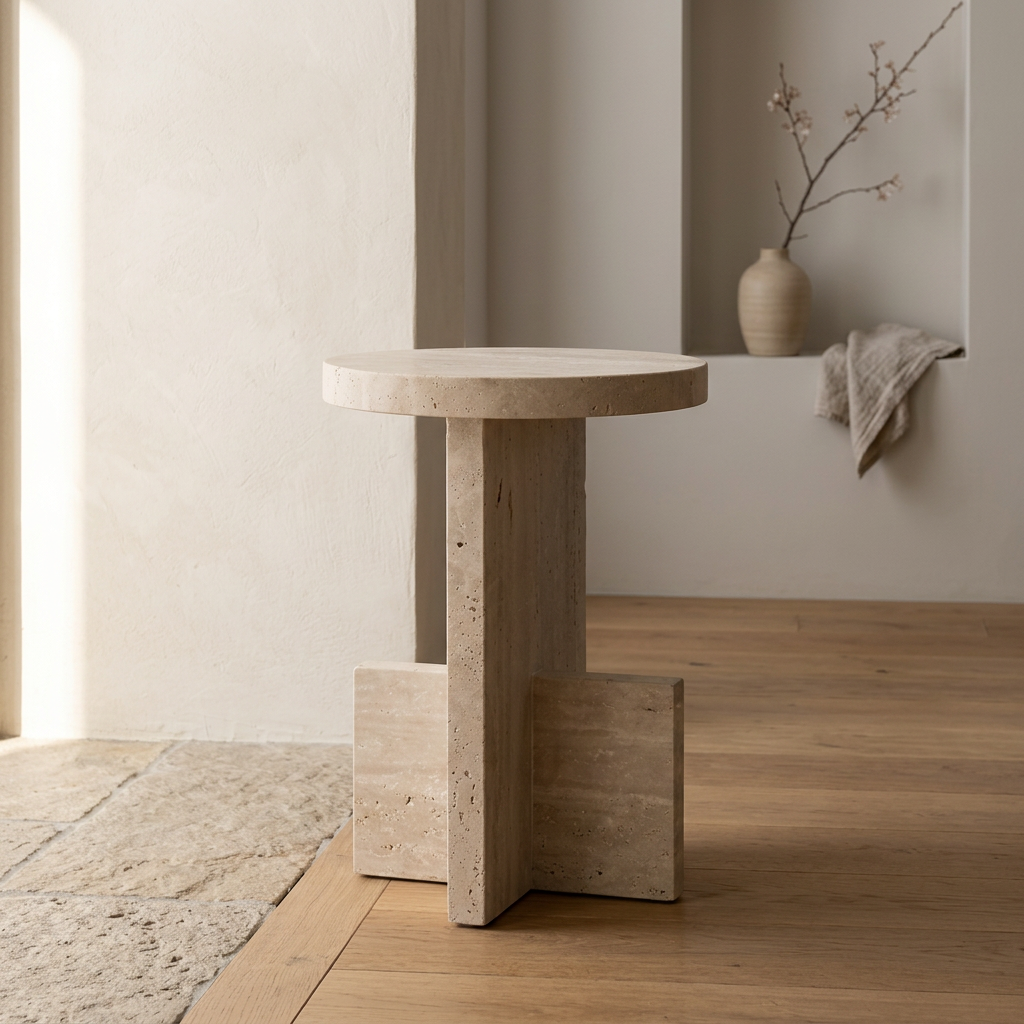 Détail travertin naturel — Table japandi | Maison Japandi