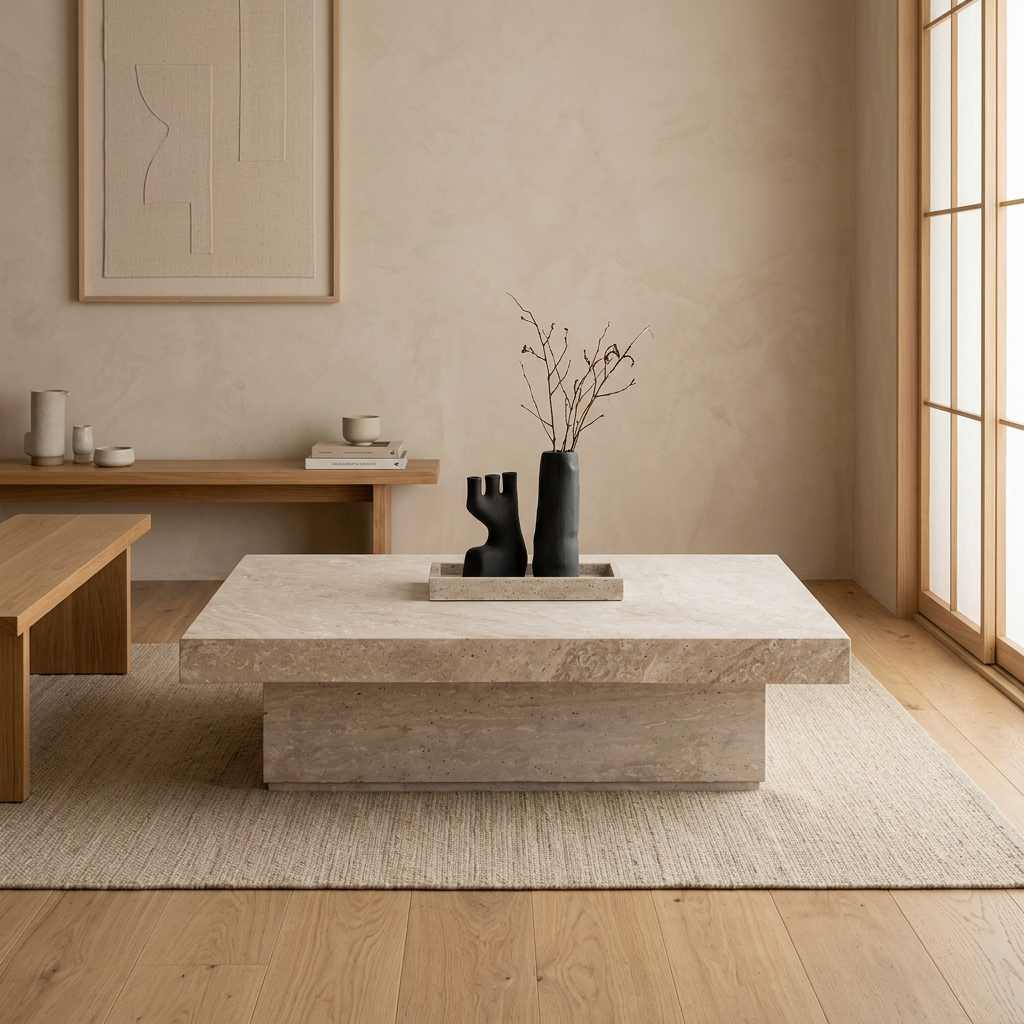Table basse japandi Carrée en travertin — Maison Japandi