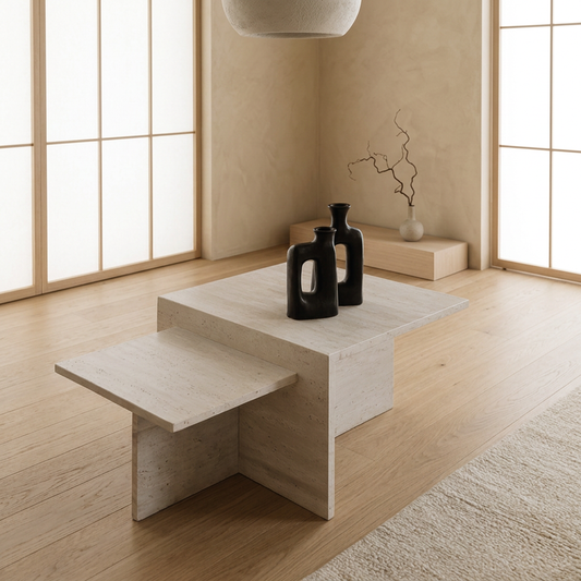 Table basse japandi Sora en travertin — Maison Japandi