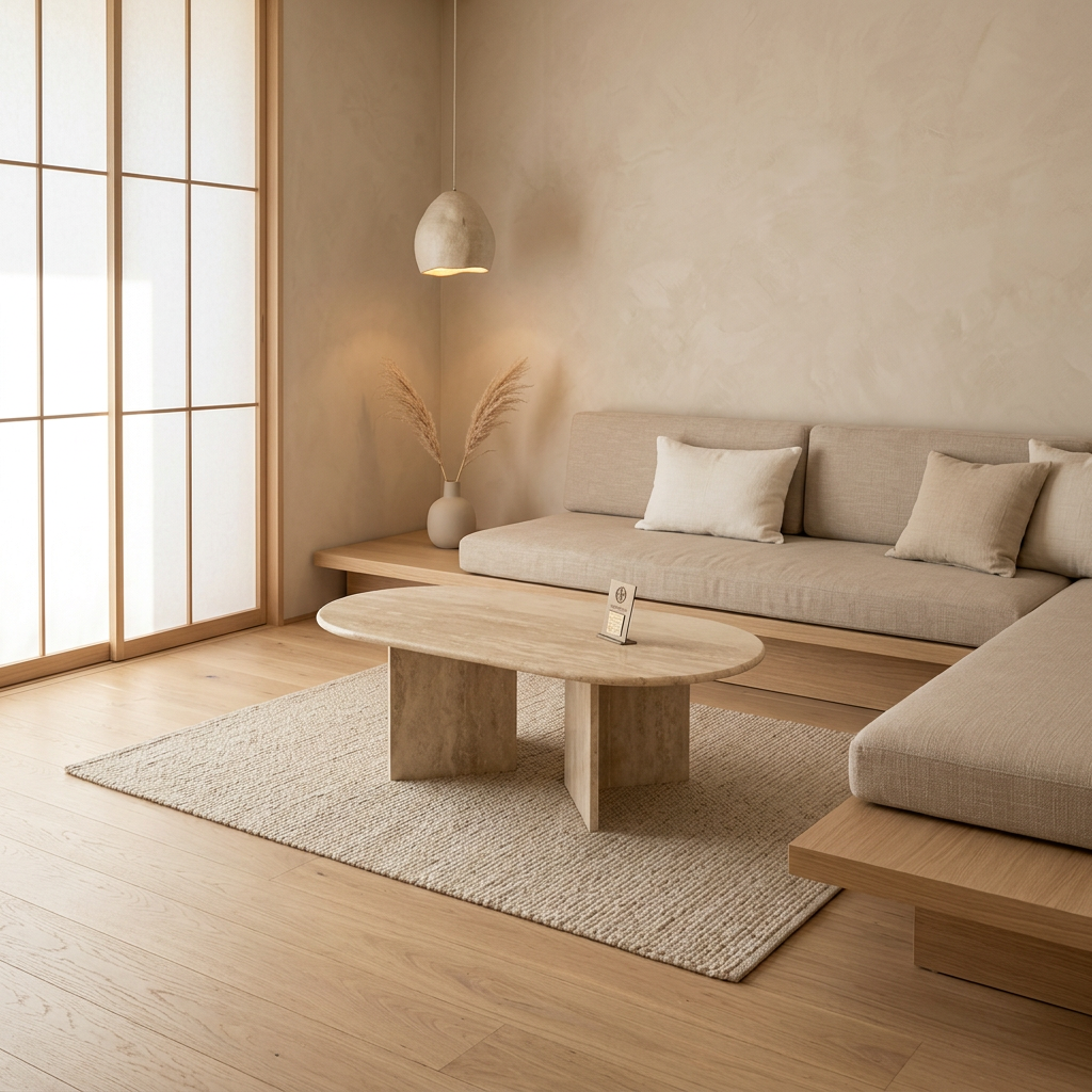 Table basse japandi Takumi en travertin — Maison Japandi