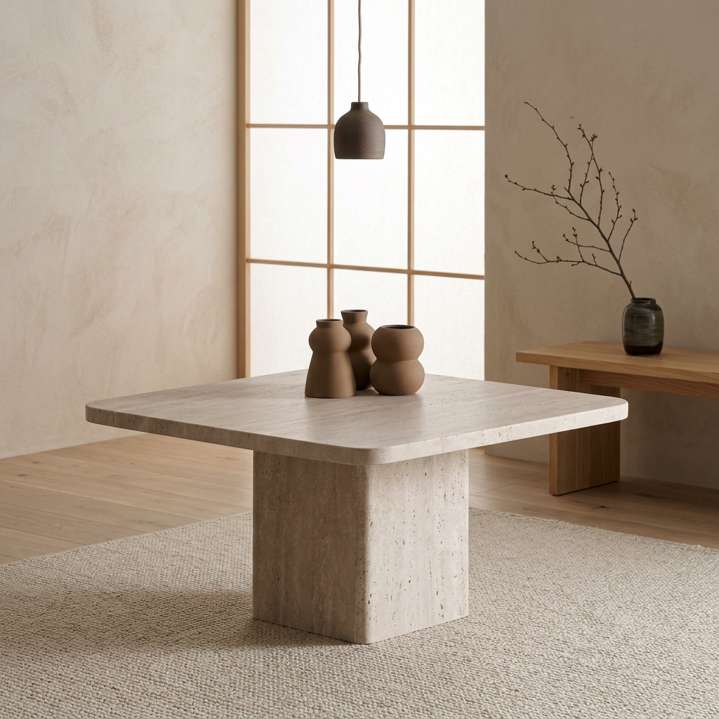 Détail travertin naturel — Table basse japandi Carrée | Maison Japandi
