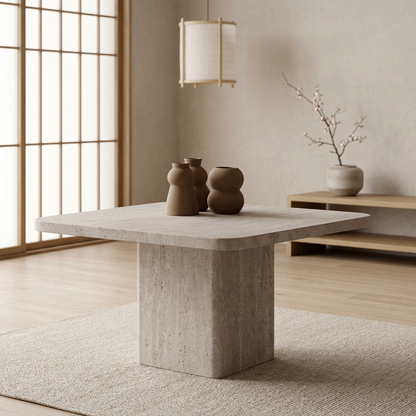 Table basse japandi Carrée dans un intérieur japandi — Travertin | Maison Japandi