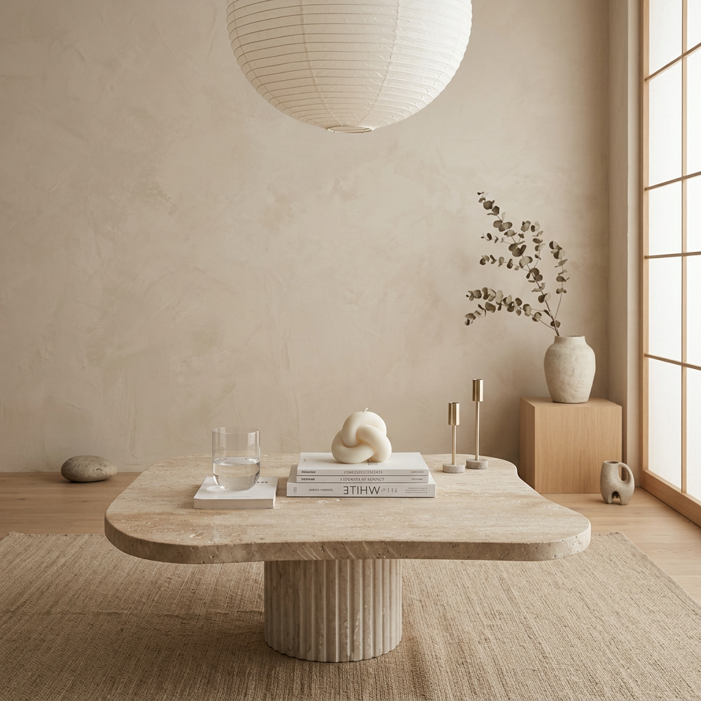 Plateau travertin — table basse japandi Shiro artisanal | Maison Japandi