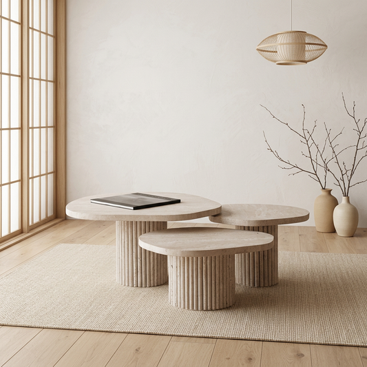 Table japandi Trio en travertin — Maison Japandi