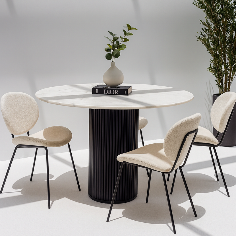 Table à manger Japandi Niji en marbre blanc – Design rond et moderne